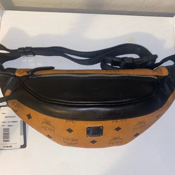 🔥 NWT MCM SIGNATURE COGNAC & BLACK LEATHER SMALL FANNY PACK WAIST BUM BAG - Picture 8 of 9